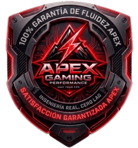 Sello oficial de garantía de resultados de Apex Gaming Performance para optimización de PC, máxima estabilidad de FPS y reducción de input lag.